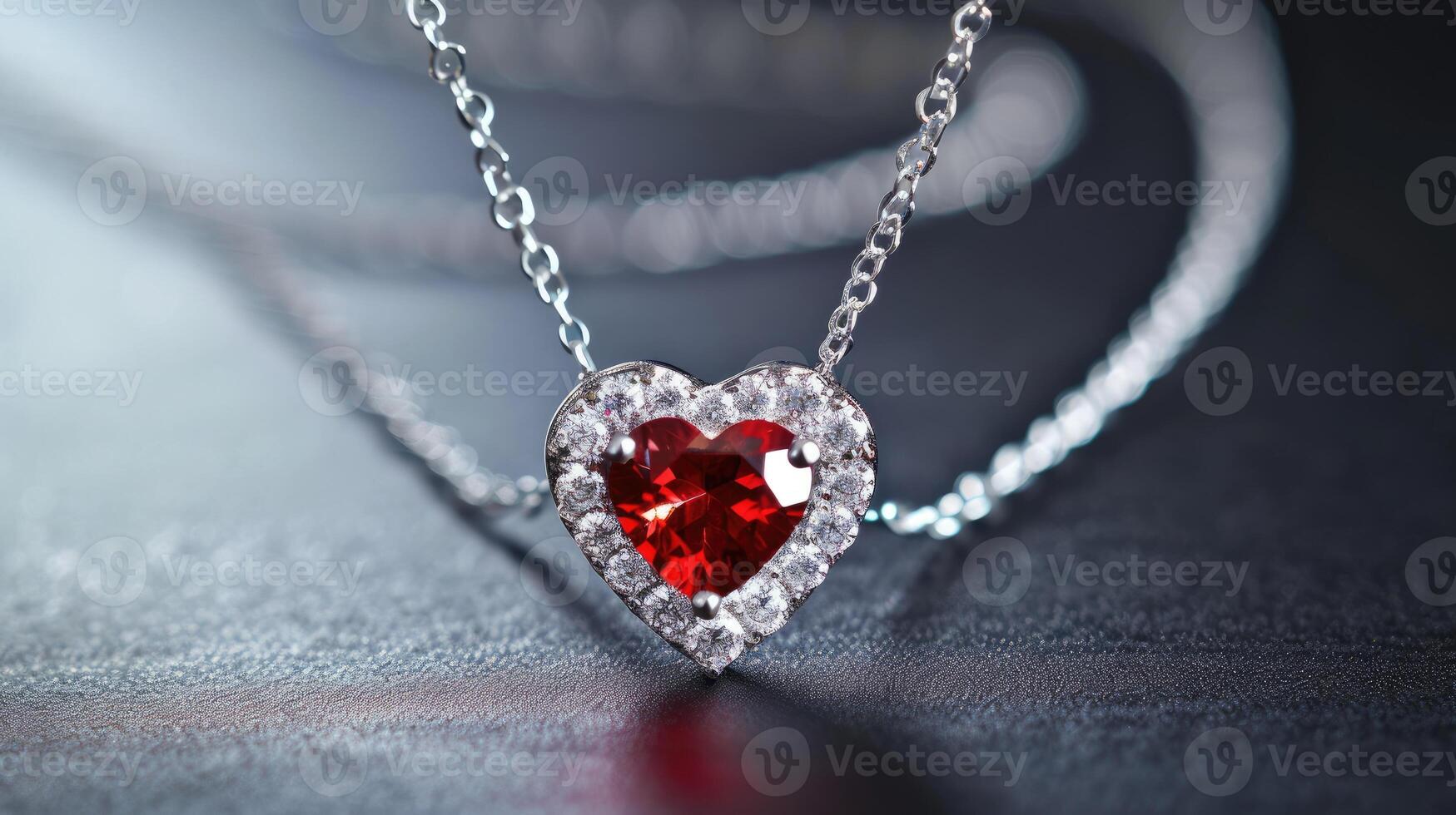AI generated Elegant heart-shaped diamond necklace featuring a striking red stone at its center, Ai Generated photo