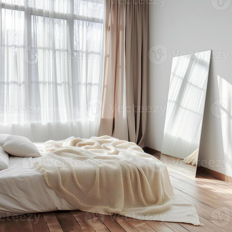 AI generated Morning in stylish bedroom in simple minimalist interior photo