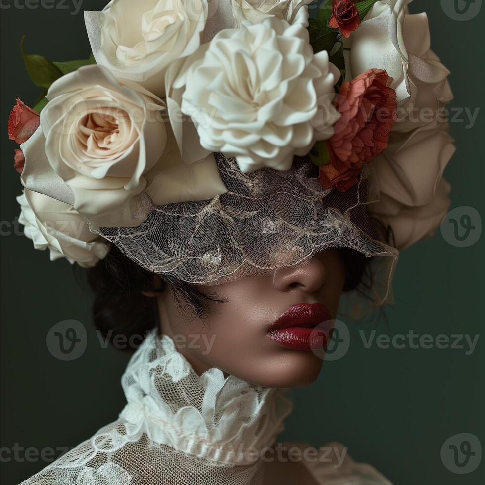 AI generated Dreamy fashion beauty portrait of a woman with makeup and flowers photo