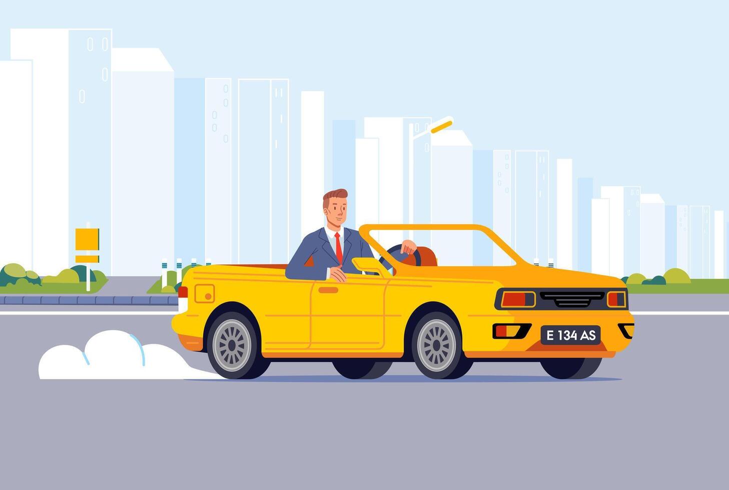 Businessman driving cabriolet car on road across suburb along cityscape buildings vector