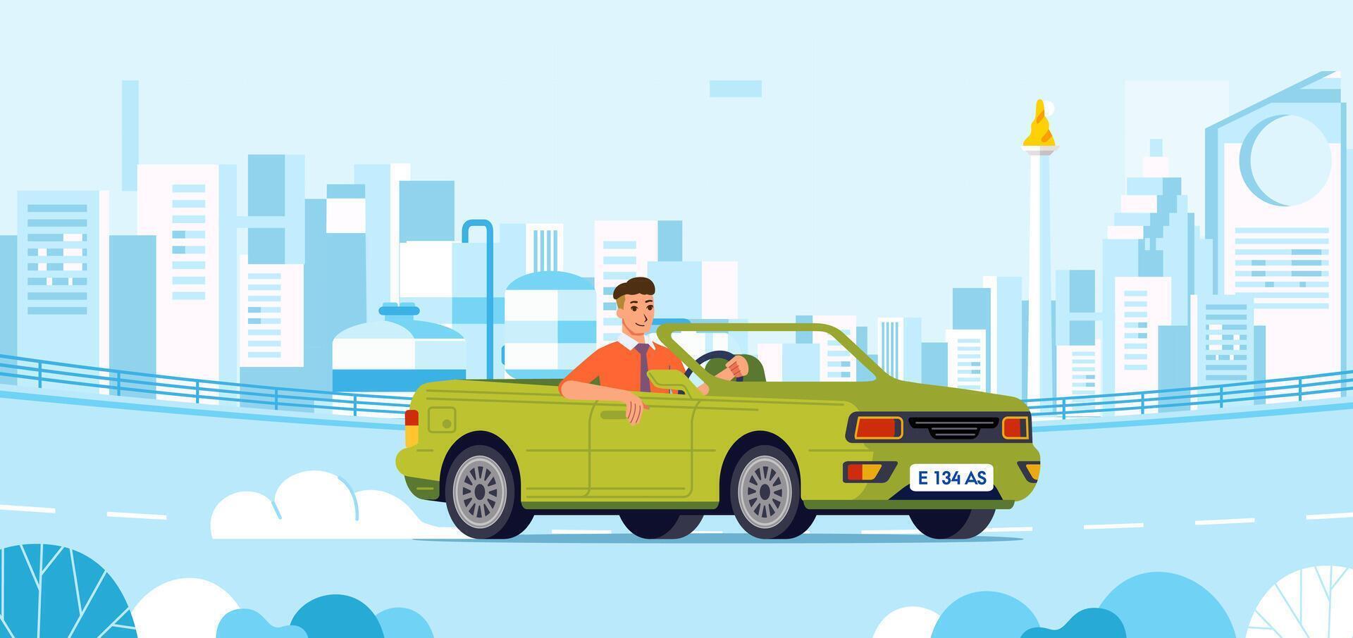 Businessman driving cabriolet car on road across suburb along cityscape buildings vector