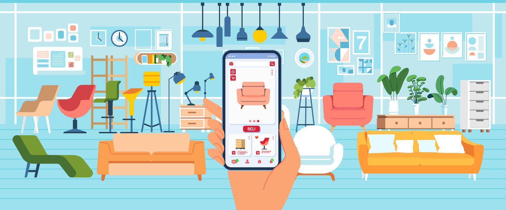 Shop furniture and home appliances with smartphone application at store sofa table chair cabinet lamp 1 vector