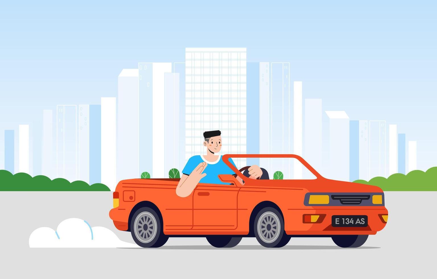 Young man driving cabriolet car on road across suburb along cityscape buildings vector