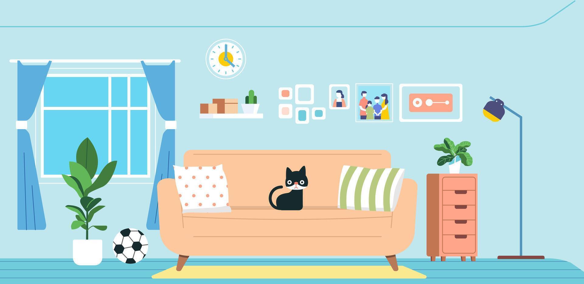 acogedor vivo habitación interior mueble hogar gato sentado en el sofá plano ilustración vector