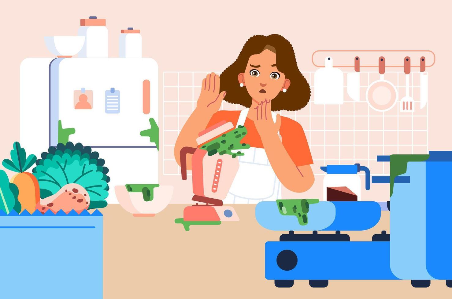 Sad mom because of the dirty chaotic mess the kitchen by spilled blender juice vector