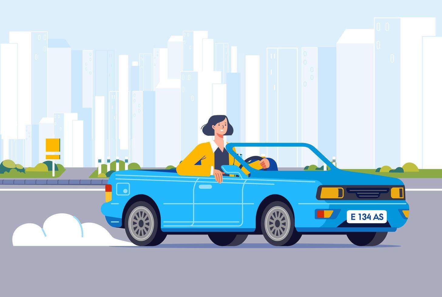 Businesswoman driving cabriolet car on road across suburb along cityscape buildings vector