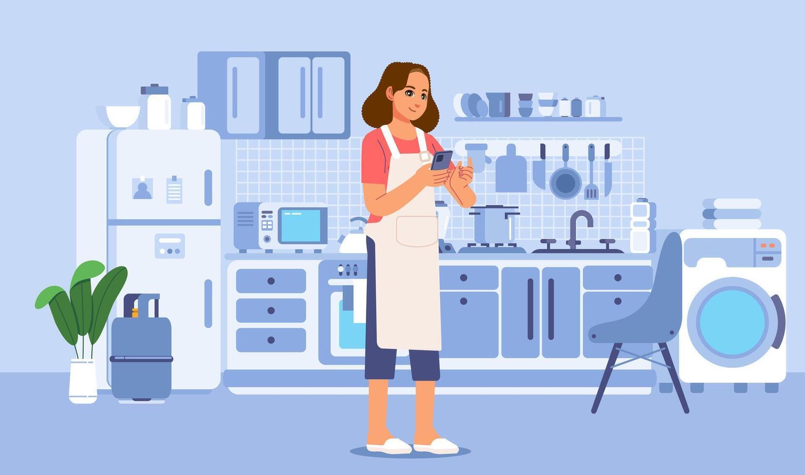 Housewife standing in the kitchen using smartphone cellphone vector