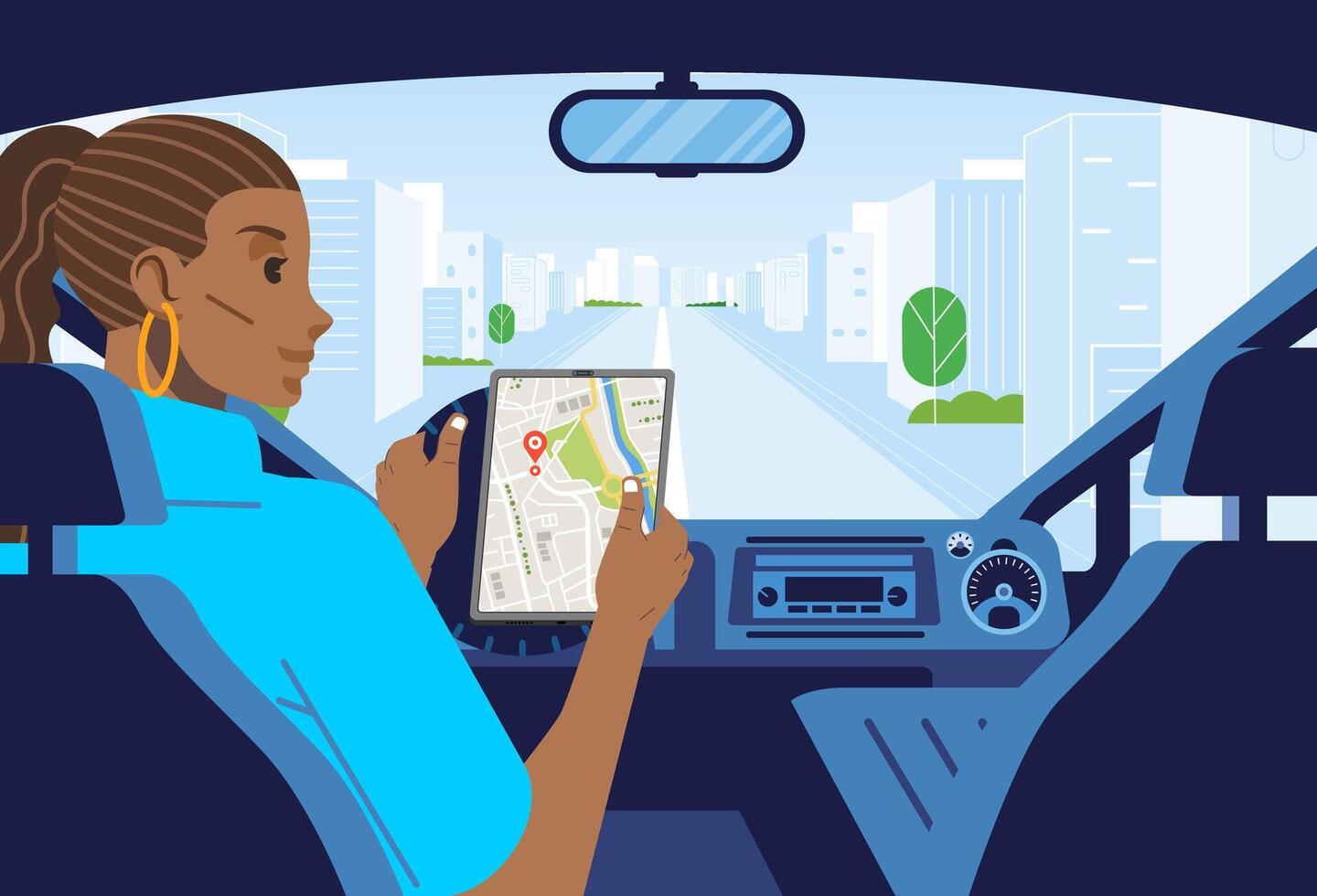 Woman driving a car on the city road dashboard interior view seen map on tablet vector