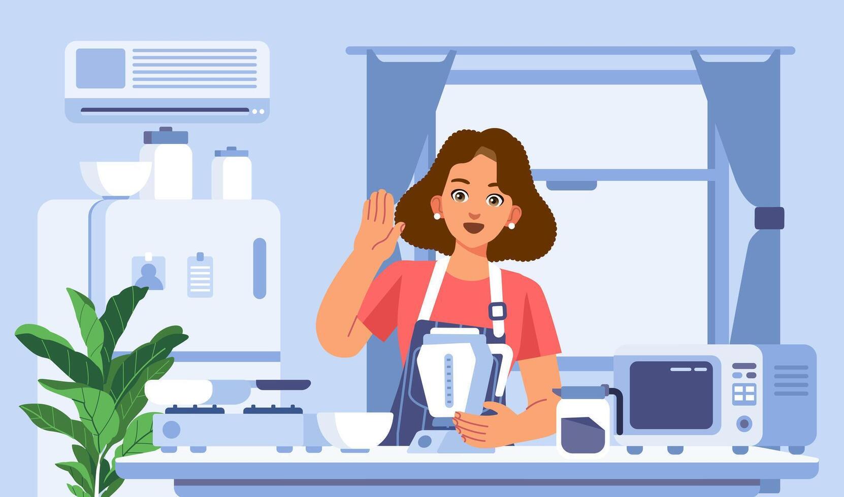 Happy modern housewife cooking food meals for breakfast or lunch at kitchen home vector