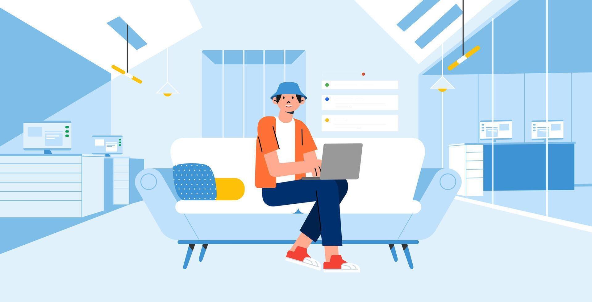 Casual male employee worker relax doing work in sofa at modern startup office room vector