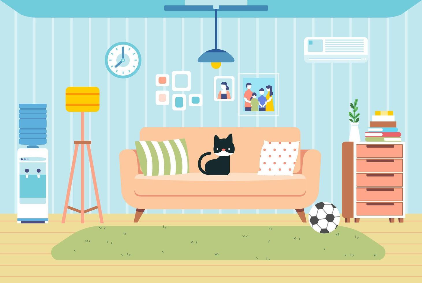 Cozy Living Room Interior furniture home cat sitting on the sofa flat illustration vector
