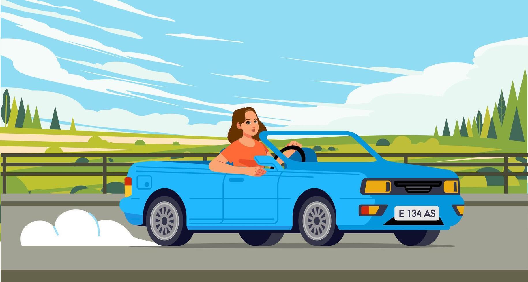 Woman driving cabriolet car on road across along nature hills meadow landscape vector