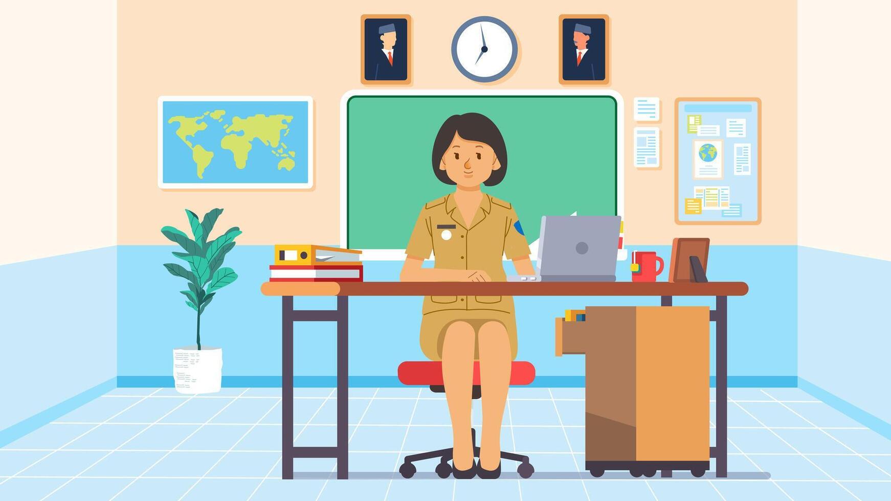 Indonesian Female civil servant employee in uniform sitting working in his office room with laptop and documents vector