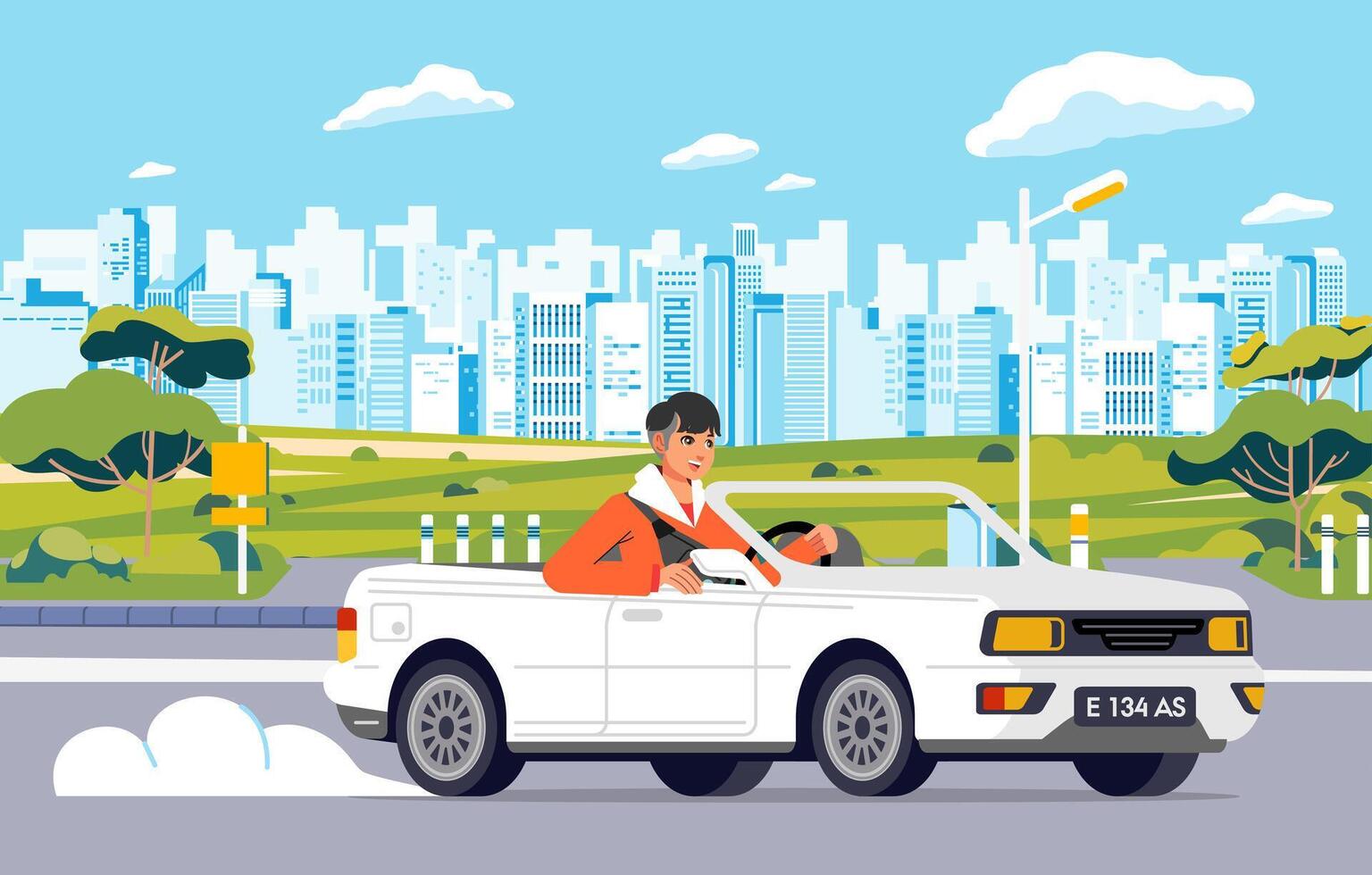 Young man driving cabriolet car on road across suburb along cityscape buildings vector