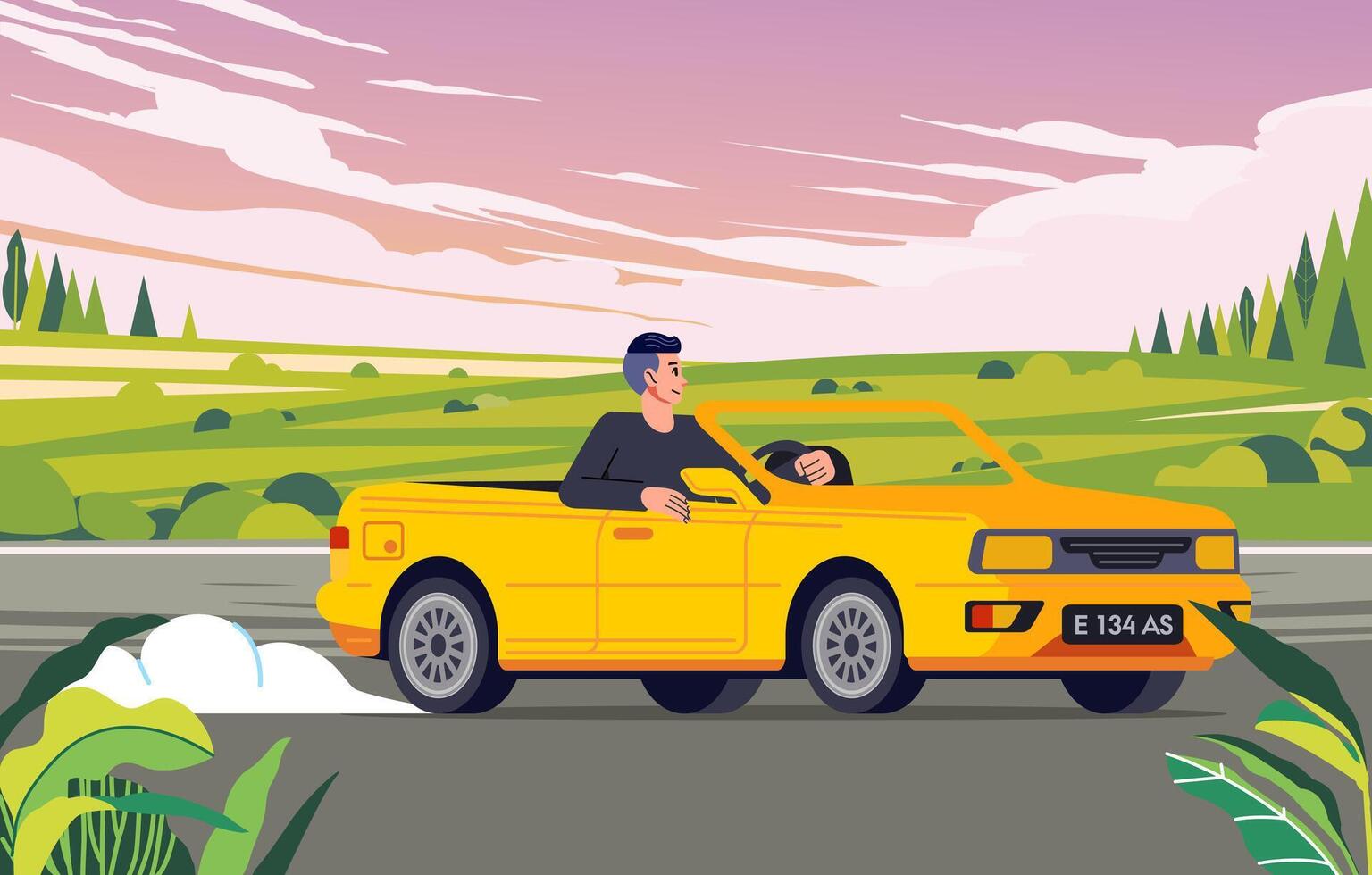 Man driving cabriolet car on road across along nature hills meadow landscape vector