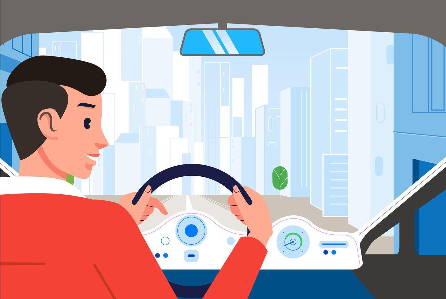 Man driving a car on the city road dashboard interior rear view vector
