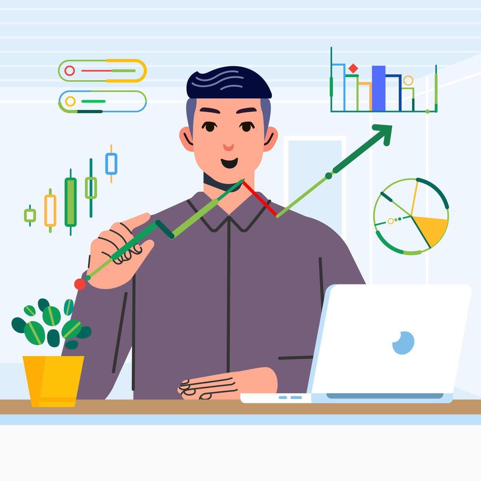 Businessman analyzing audit data business profit growth analytical data graphic at office desk laptop vector