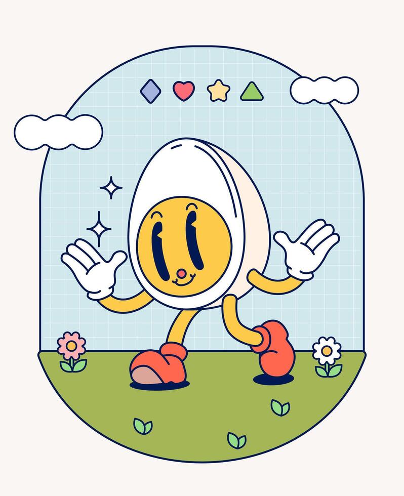 Boiled eggs retro character mascot vintage trendy hand draw funny doodle comic collection vector