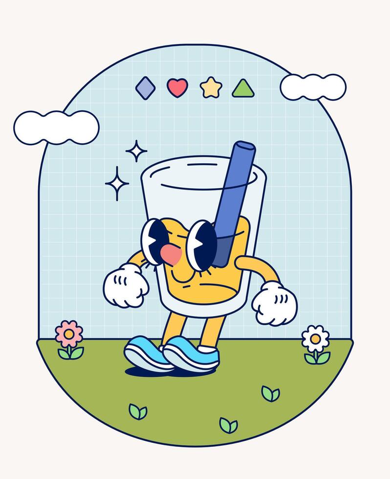 naranja jugo retro personaje mascota Clásico de moda mano dibujar gracioso garabatear cómic colección vector