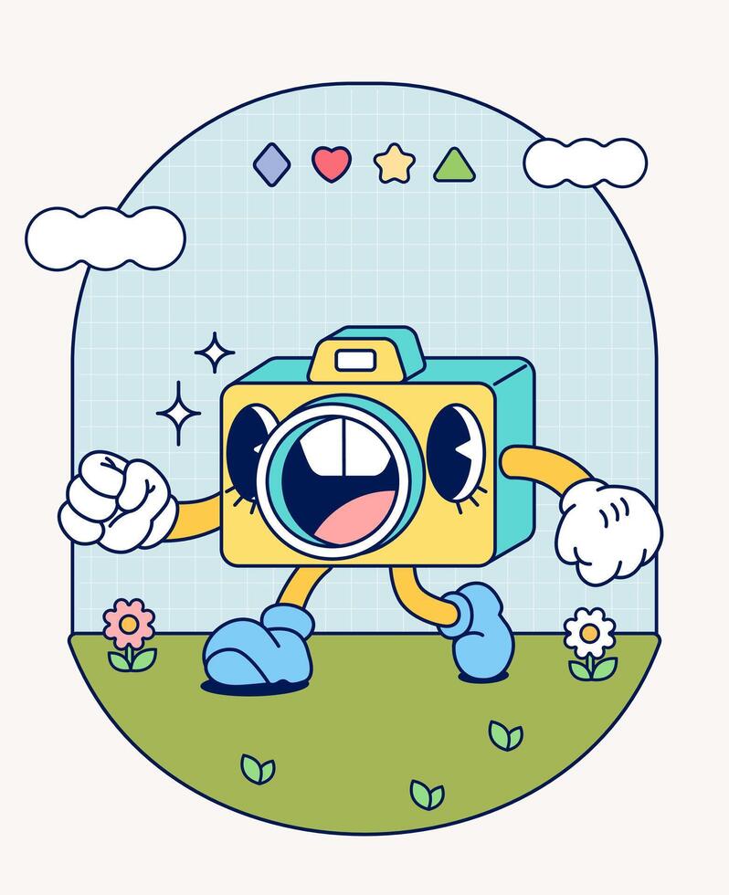 Camera retro character mascot vintage trendy hand draw funny doodle comic collection vector