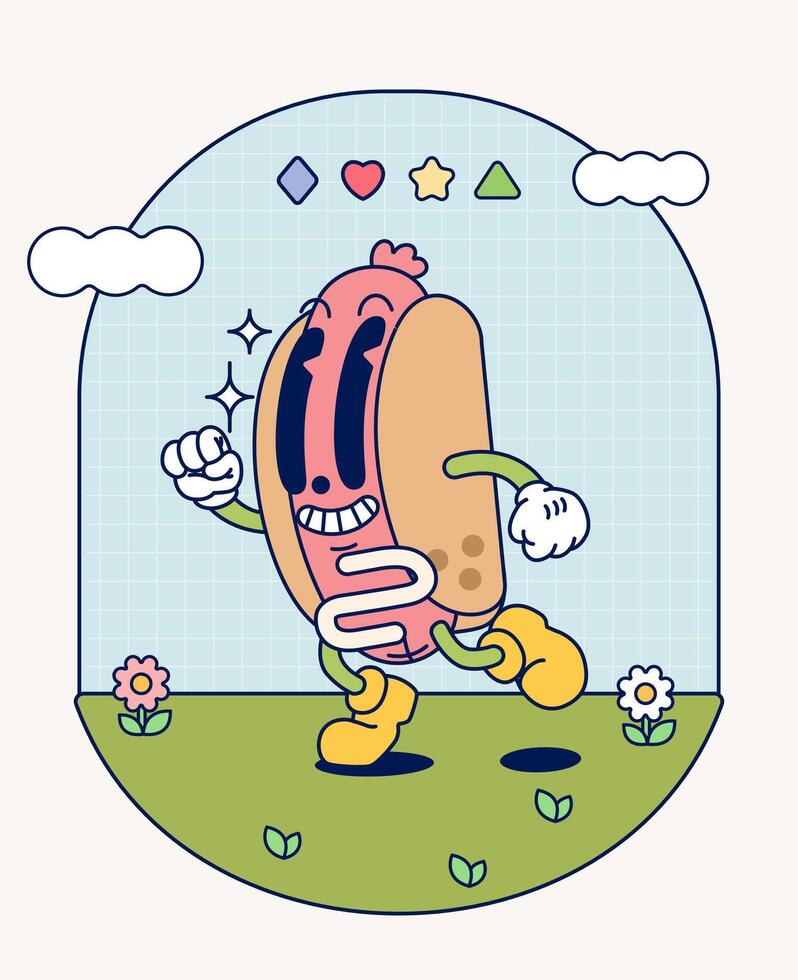 Hotdog retro character mascot vintage trendy hand draw funny doodle comic collection vector