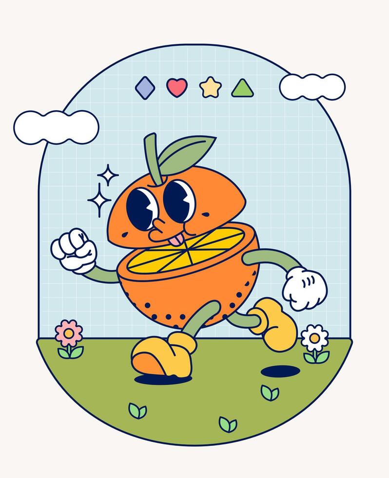Orange slice retro character mascot vintage trendy hand draw funny doodle comic collection vector