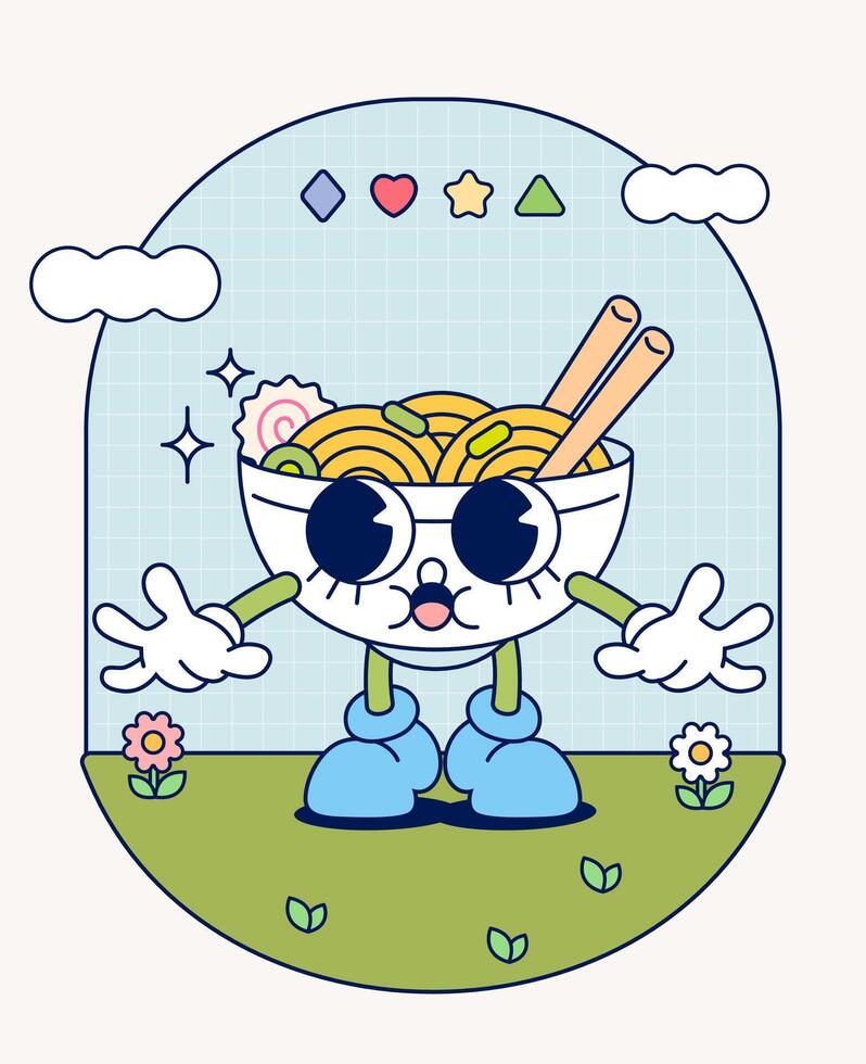 cuenco tallarines retro personaje mascota Clásico de moda mano dibujar gracioso garabatear cómic colección vector