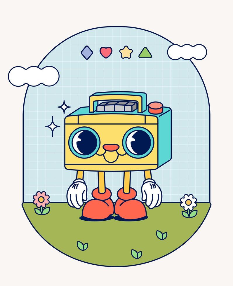 Radio tape retro character mascot vintage trendy hand draw funny doodle comic collection vector