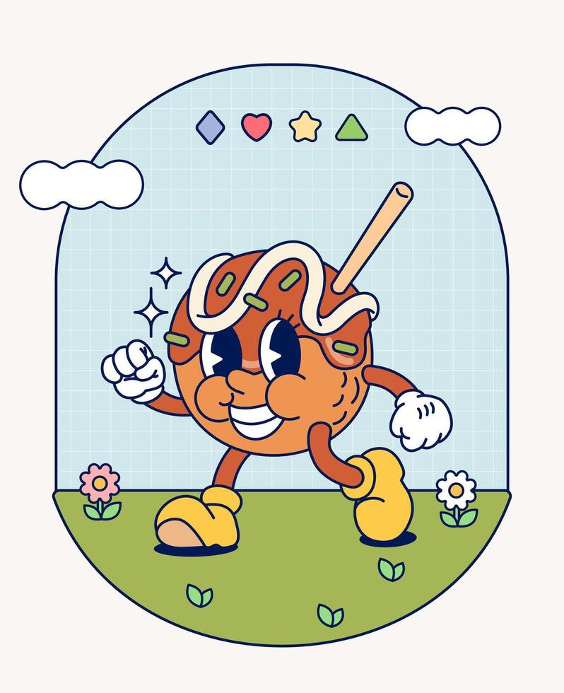 takoyaki retro personaje mascota Clásico de moda mano dibujar gracioso garabatear cómic colección vector