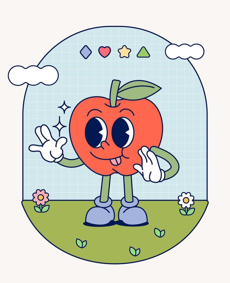 manzana retro personaje mascota Clásico de moda mano dibujar gracioso garabatear cómic colección vector