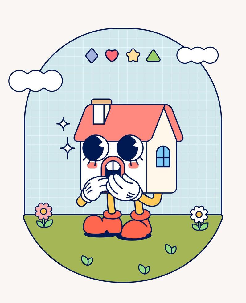 House retro character mascot vintage trendy hand draw funny doodle comic collection vector