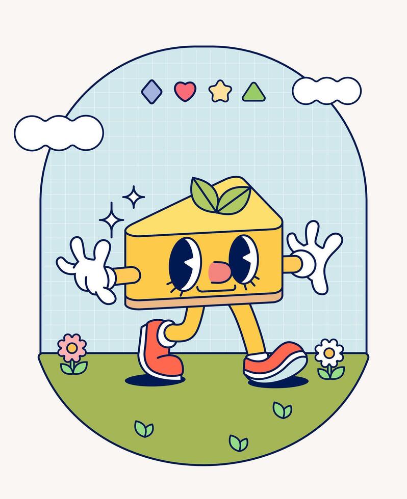 queso pastel retro personaje mascota Clásico de moda mano dibujar gracioso garabatear cómic colección vector