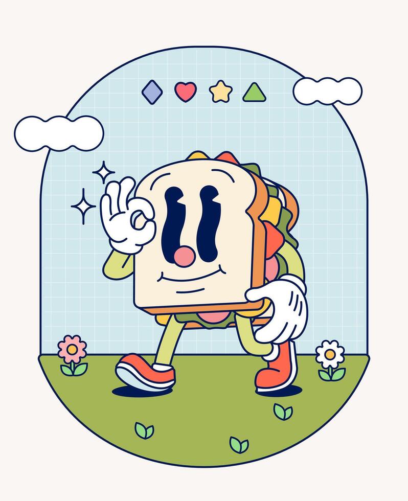 Sandwich bread retro character mascot vintage trendy hand draw funny doodle comic collection vector