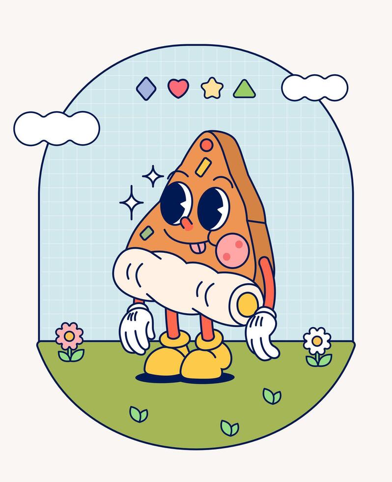 Pizza retro character mascot vintage trendy hand draw funny doodle comic collection vector