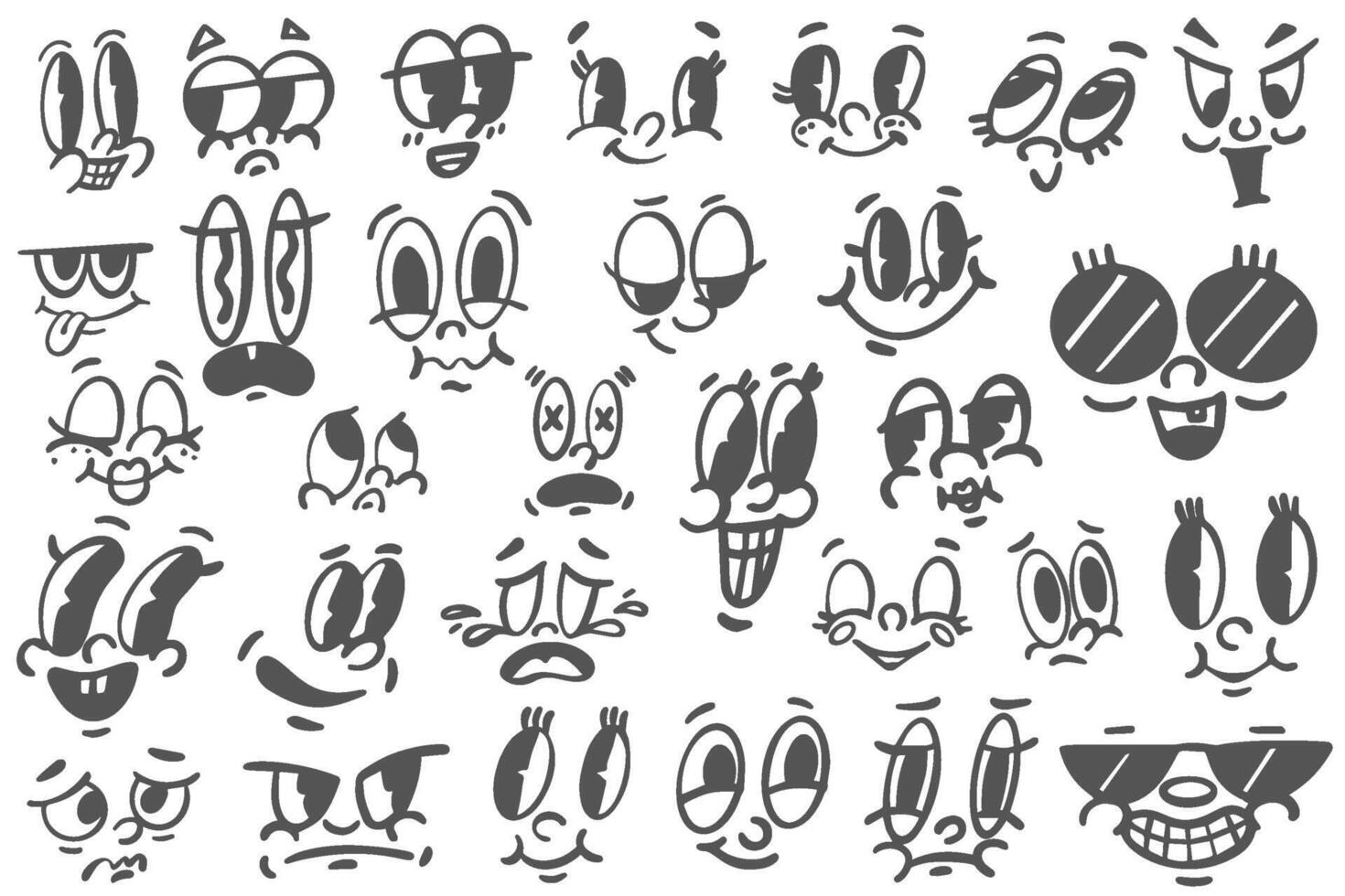 dibujos animados retro caras. cómic linda mascota conjunto con gracioso sonriente y enojado expresiones antiguo Años 50 caricatura caracteres. vector