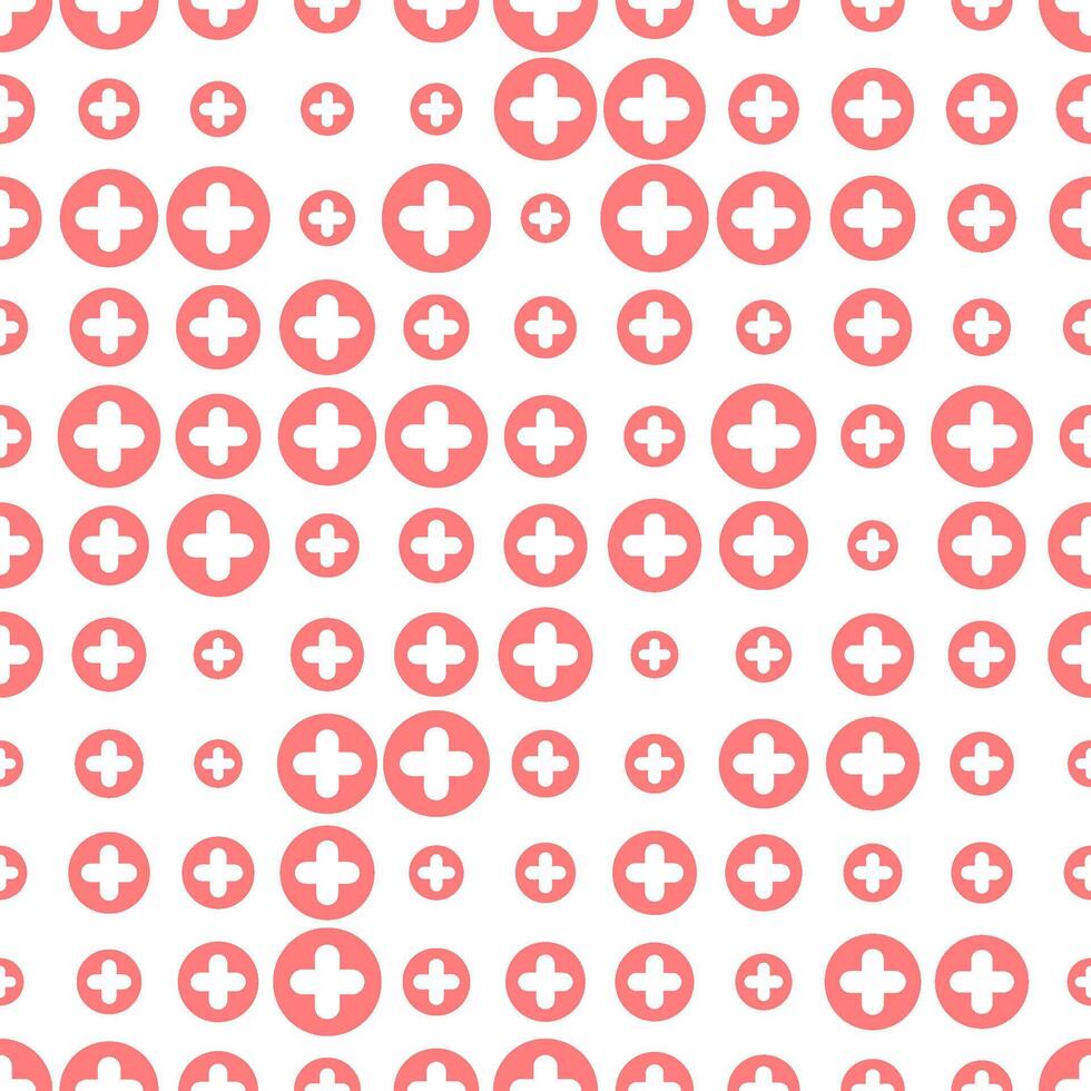 Plus cross pattern. Abstract medical seamless background. Vector hospital and healthcare geometric symbol. Simple red elements on white backdrop.