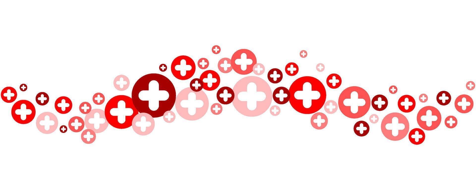 Medical cross and plus wavy background. Abstract seamless red border for hospital healthcare and pharmacy. Geometrical shapes ornament. Vector wallpaper