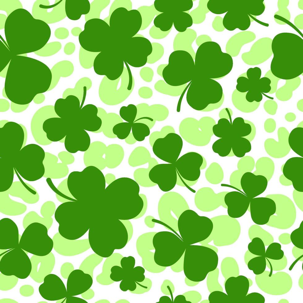 Clover leaves seamless pattern. Shamrock vector background for Irish St. Patrick Day. Spring holiday illustration with green trefoils on white background with leopard cheetah backdrop.