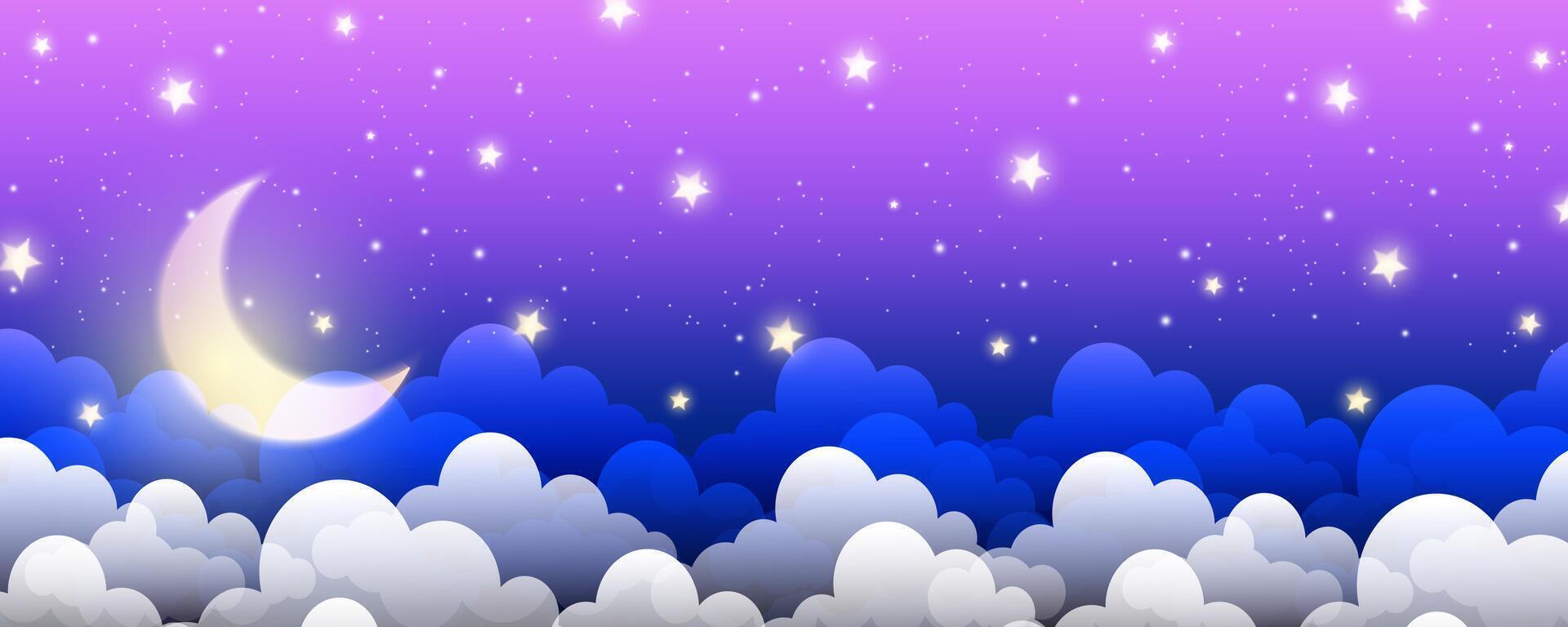 Night purple sky background. Starry dark gradient space. Crescent moon and clouds dreamy scene. Vector cute landscape panorama. Magic midnight illustration