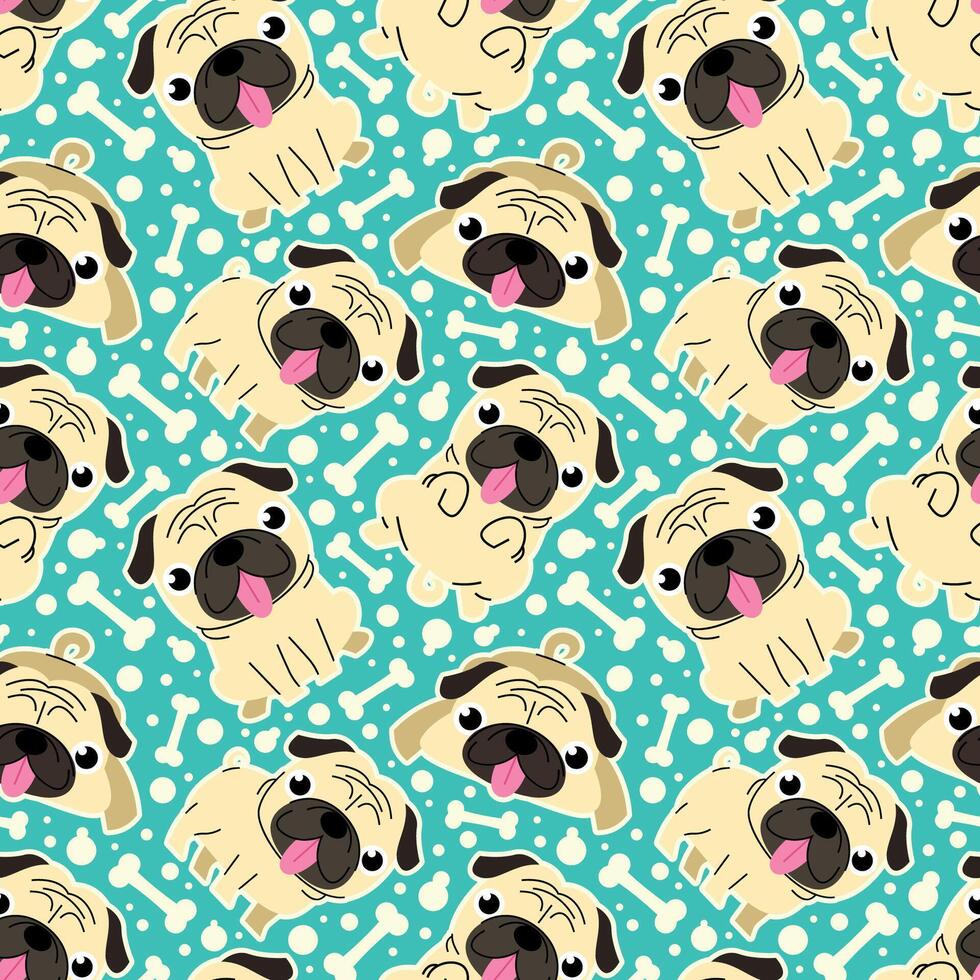 CUTE PUG DOG AND BONES IN SEAMLESS PATTERN DESIGN vector