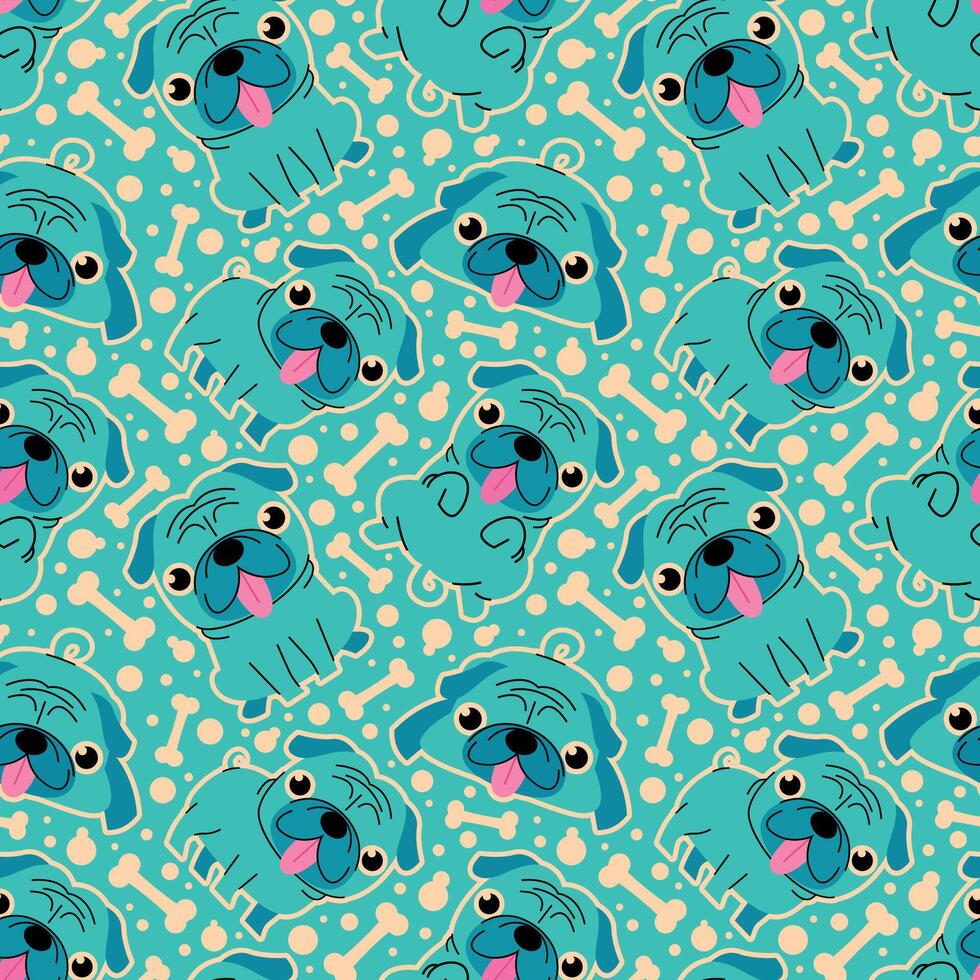 CUTE GREEN PUG DOG AND BONES SEAMLESS PATTERN DESIGN vector