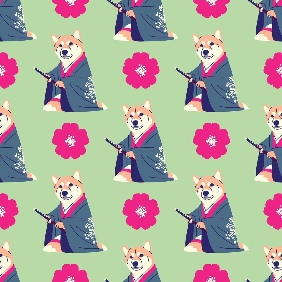 SHIBA DOG IS WEARING YUKATA AND HOLDING A KATANA SEAMLESS PATTERN vector