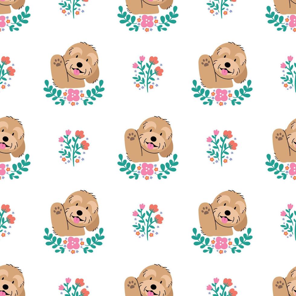 CUTE MALTIPOO WITH FLORAL SEAMLESS PATTERN vector