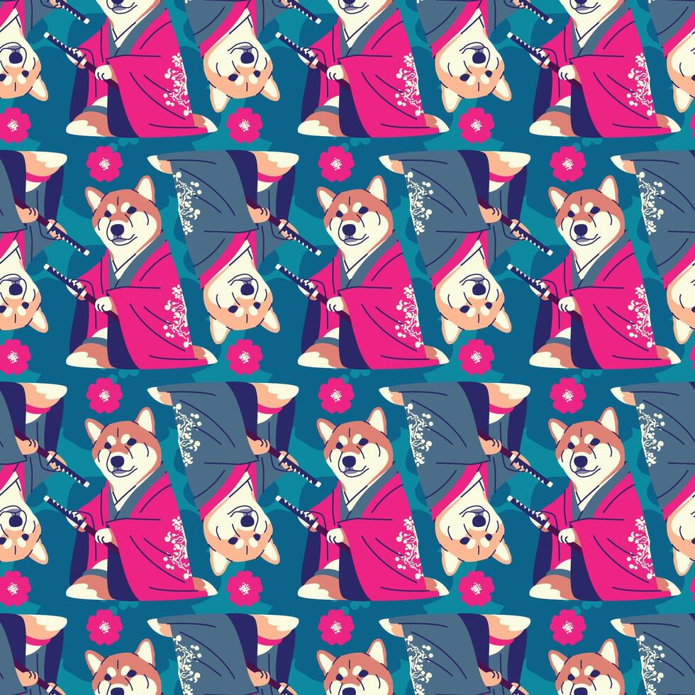 SHIBA DOG IS WEARING YUKATA WITH KATANA PATTERN DESIGN vector