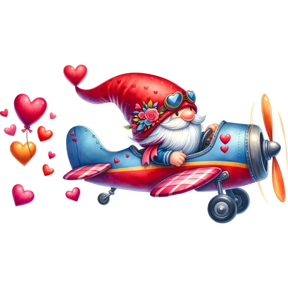 ai genererad valentine dag, illustration av en söt gnome flygande en plan med hjärtan png