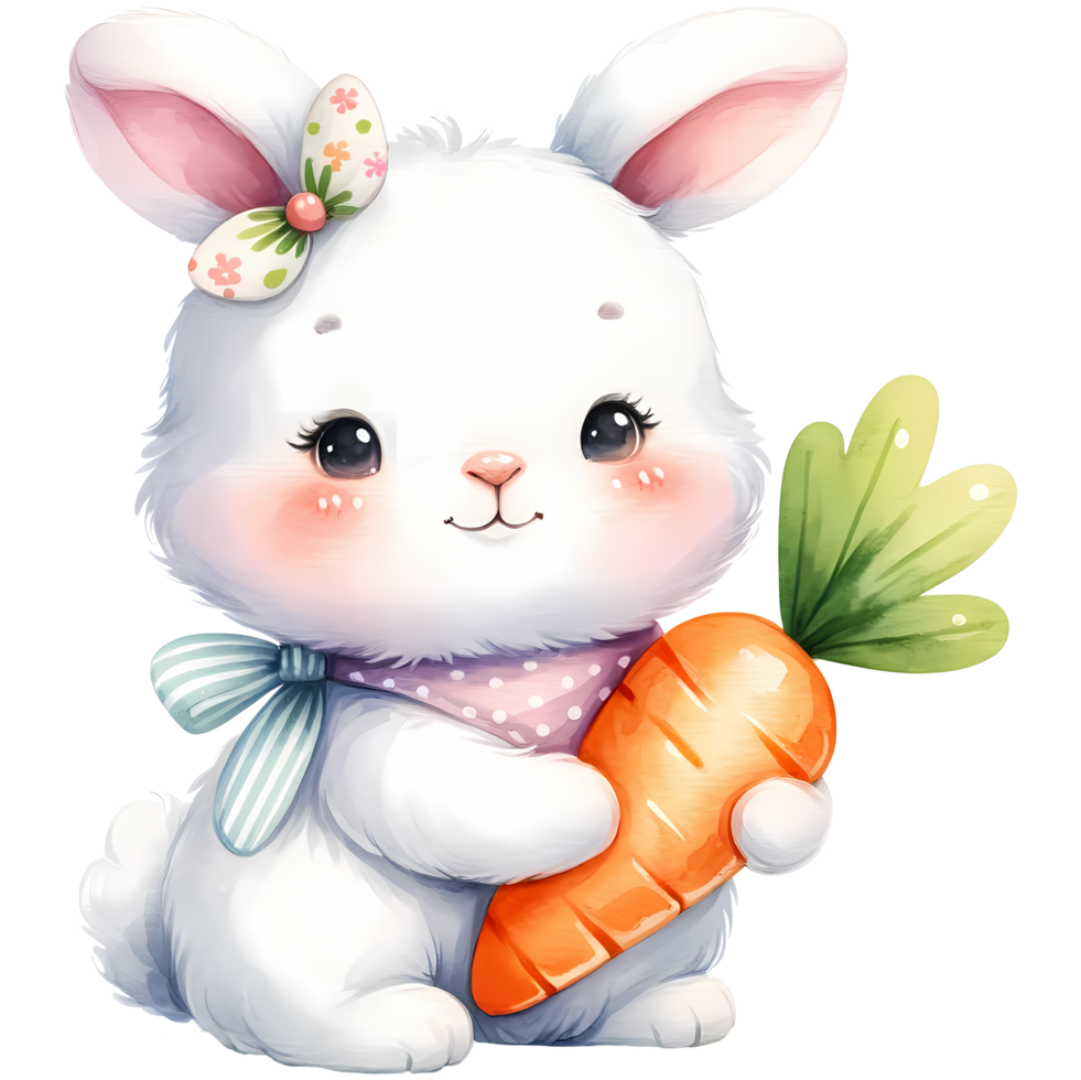 AI generated Easter bunny, cute white bunny with carrot. Cartoon character png