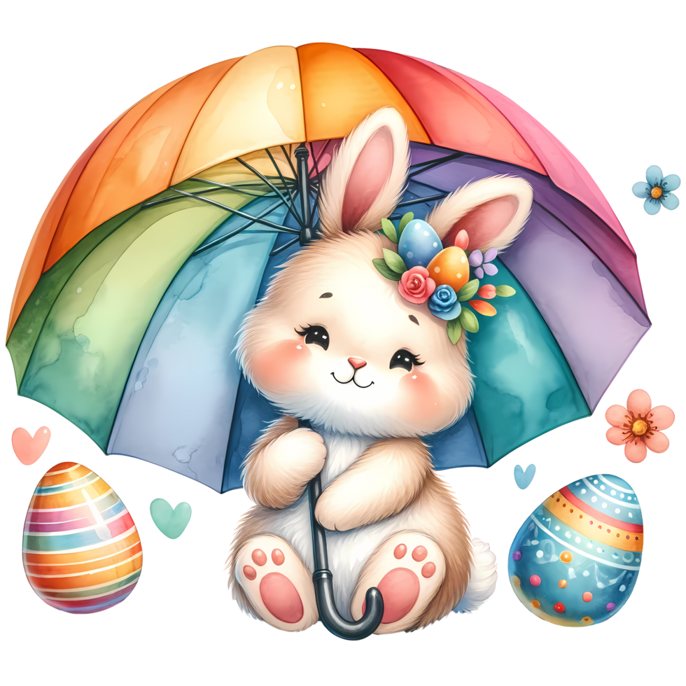 ai gegenereerd schattig konijn met regenboog paraplu en Pasen eieren illustratie voor kinderen png