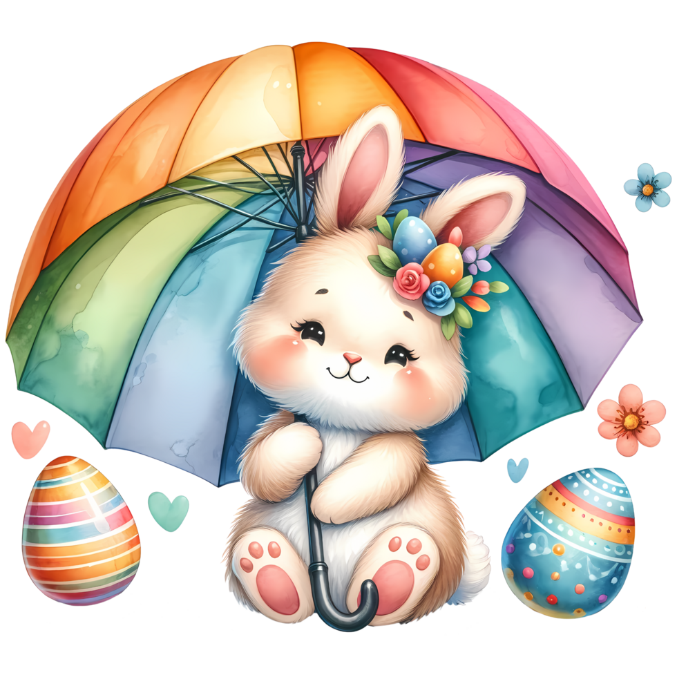 AI generated Cute rabbit with rainbow umbrella and easter eggs illustration for children png