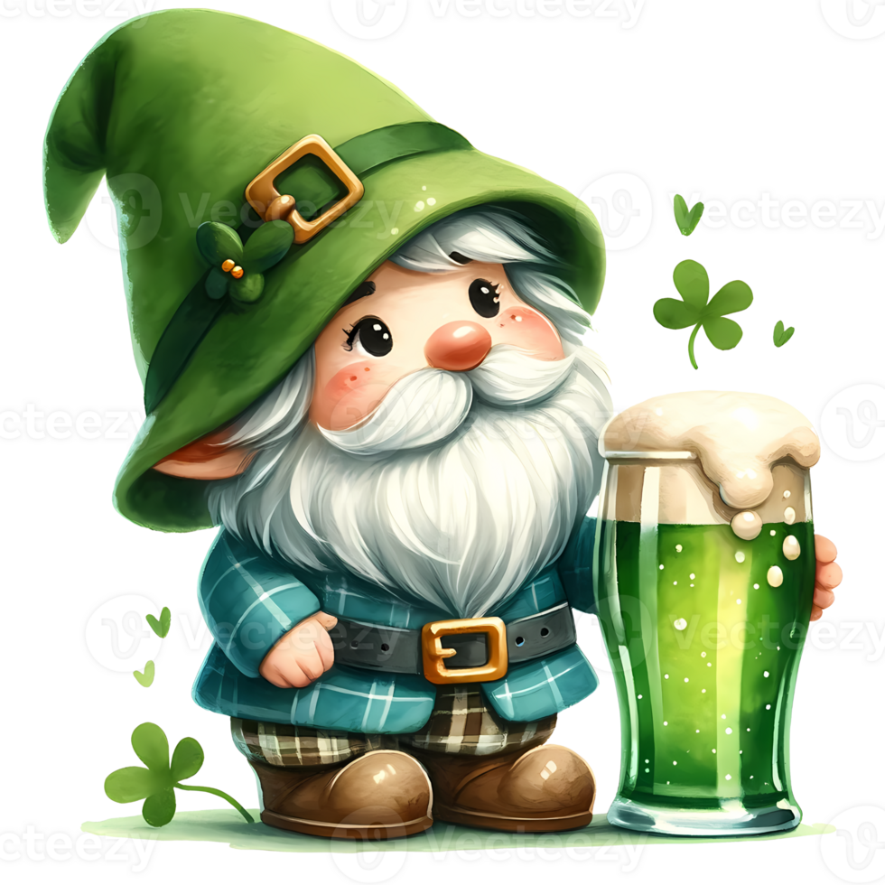 AI generated a cute gnome Leprechaun with a glass of green beer and clover. St. Patrick's Day png