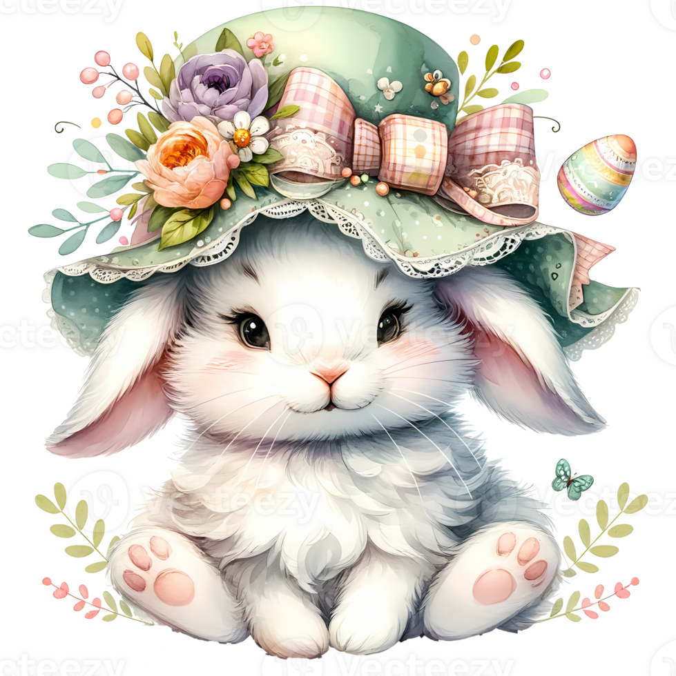 AI generated Easter day, a cute bunny with eggs and flowers png
